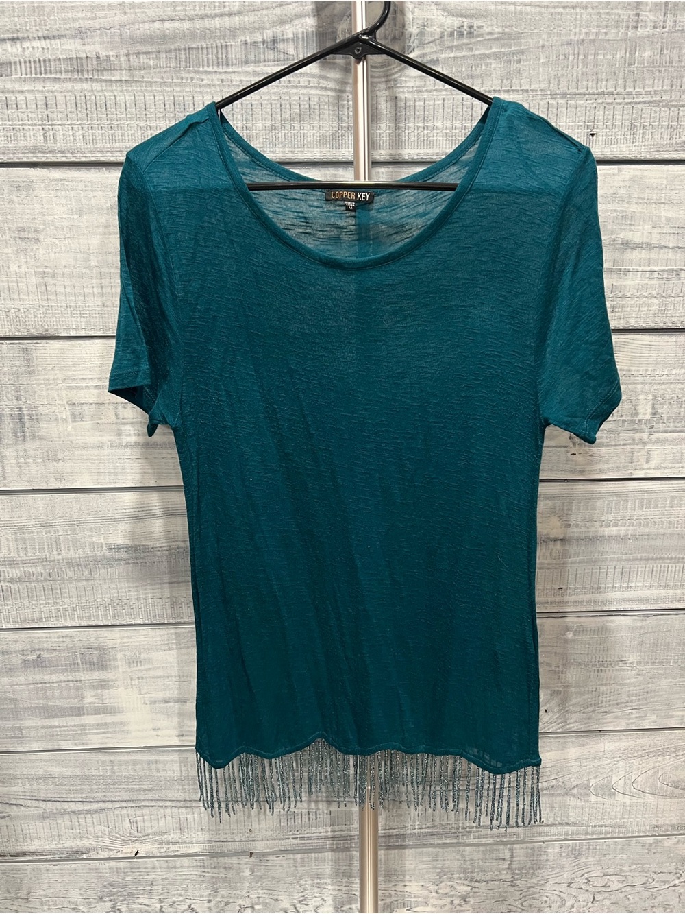 Copper Key Teal Short-Sleeve Fringe-Hem Scoop Top